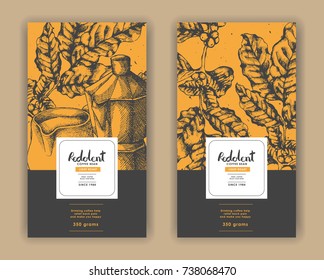 Skizze Zeichnung für Kaffeeverpackungsetikett mit gelber und schwarzer Farbe.Verwendung mit Pen Tinte.Vektorgrafik und Illustration.