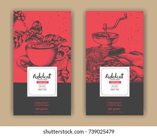 Sketch Drawing Art For Coffee Packaging Label With Red And Black Color.Use By Pen Ink.Vector And Illustration.