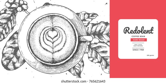 Sketch drawing art for coffee packaging label with red color.Use by Pen ink.Vector and illustration.