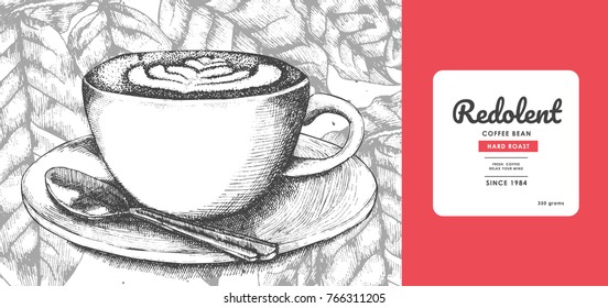 Sketch drawing art for coffee packaging label with red color.Use by Pen ink.Vector and illustration.