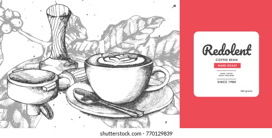 Sketch drawing art for coffee packaging label with red color.Use by Pen ink.Vector and illustration.