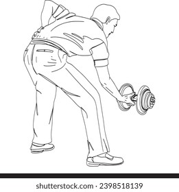 Sketch drawing of athlete experiencing back pain while lifting, Concept of sport failure and defeat with cartoon doodle, Hand-drawn cartoon of man struggling with barbell weight, 