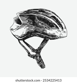 Dibujo del bosquejo del casco de la bicicleta. Ilustración vectorial detallada dibujada a mano.