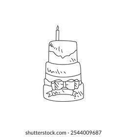 Dibujo del bosquejo de la Ilustración vectorial de la torta de cumpleaños. Ilustración de símbolo de fiesta de cumpleaños simple Concepto de Vector de estilo de boceto. Diseño de la torta de cumpleaños para la promoción y adecuado para su diseño de activos.
