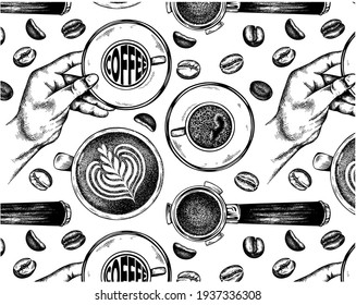 Sketch drawing black and white pattern with coffee beans, espresso, cappuccino, latte, chocolate, hand holding a cup, filter holder, portafilter. Retro background for cafe. Vector illustration.