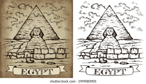 Cartel de dibujo en blanco y negro de Egipto. Gran Esfinge de Giza dibujada a mano, paisaje de El Cairo, pirámide de arte de línea de Khufu, Cheops, desierto. Fondo egipcio grabado. Ilustración vectorial.