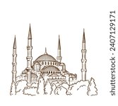 Sketch Drawing of a Blue Mosque in Istanbul. Turkish Tourist Attractions design elements.