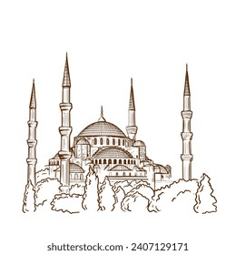 Sketch Drawing of a Blue Mosque in Istanbul. Turkish Tourist Attractions design elements.