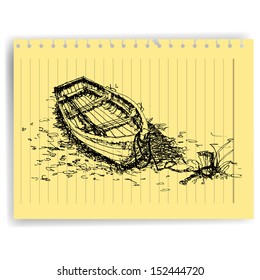 sketch drawing boat  on lined  paper page vector