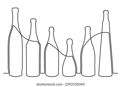 Sketch drawing of a bottle of different shapes in the style of one solid continuous line. Collection of alcoholic drinks