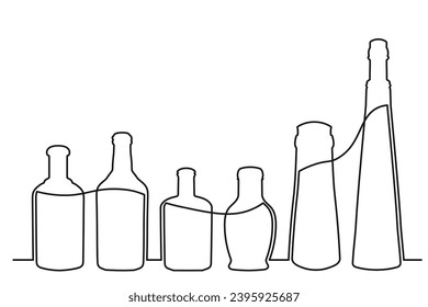 Sketch drawing of a bottle of different shapes in the style of one solid continuous line. Collection of alcoholic drinks