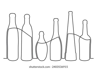 Dibujar un dibujo de una botella de diferentes formas en el estilo de una línea continua sólida. Recogida de bebidas alcohólicas