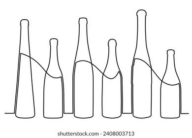 Sketch drawing of a bottle of different shapes in the style of one solid continuous line. Collection of alcoholic drinks