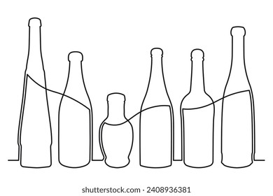 Zeichnung einer Flasche verschiedener Formen im Stil einer durchgehenden Linie. Sammlung alkoholischer Getränke