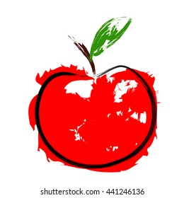 Sketch drawing bright red apple. Fruit eco, natural, bio icon, logo, labels, sign, symbol, stickers. Hand drawn brush food. Vegetarian, raw food diet. Vector isolated illustration on white background.
