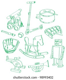 Sketch, drawing of a bunch of boy's toys. Can be used as background or separate elements.