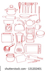 Sketch, drawing of a bunch of kitchen tools/ kitchenware. Can be used as background or separate elements.