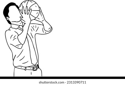 Sketch drawing: Business man shooting hoops in the office for relaxation, Office basketball break: Business man enjoying a game for stress relief