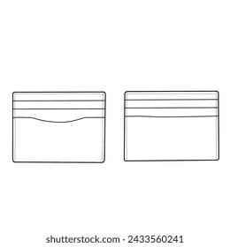 Sketch drawing of a card holder wallet with 6 pockets, front, and back view. Flat sketch vector. Outline vector doodle illustration