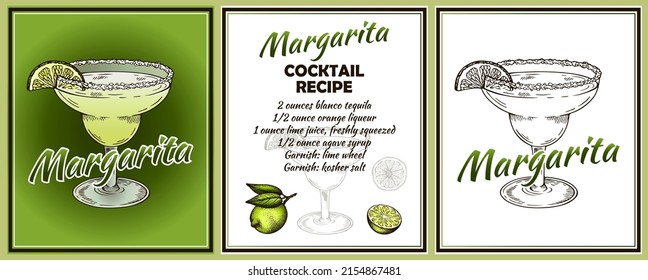 Sketch drawing card of Margarita cocktail in glass with a slice of lime isolated on green and white background. Engraved alcohol drink. Vintage Bar menu. Beverage, cocktail recipe. Vector illustration