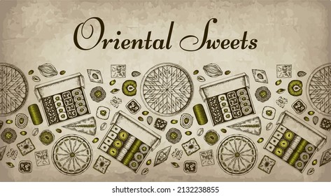 Sketch drawing card of oriental sweets with pistachio nuts. Arabian desserts background. Turkish delight, baklava, lokum wallpaper for cafe menu. Outline box with arabic sweets. Vector illustration.