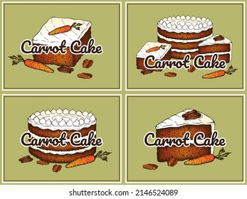 Sketch drawing Carrot cake logo with pecan nuts isolated on green background. Engraved pie with whipped cream for food menu. Hand drawn baked sweet carrot dessert. Cafe poster. Vector illustration.