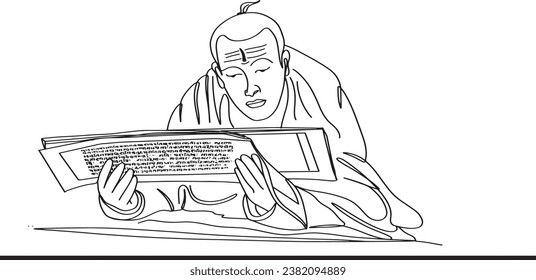 Sketch Drawing Cartoon Illustration of Indian Priest Reading Kundli - Vector Clip Art, Pandit Reading Horoscope , 