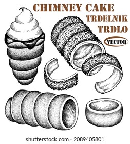 Sketch drawing chimney cake on white background. Outline hand drawn trdelnik, trdlo, kurtosh, kürtőskalács, baumstriezel, ice cream, whipped cream, nuts. Czech sweet baked food. Vector illustration.