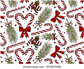 Sketch drawing Christmas pattern with colorful candy cane, mistletoe, ribbon, Christmas tree isolated on white background. Lollipop wallpaper. Line art holiday ornament. New Year. Vector illustration.