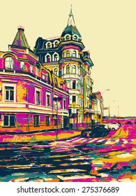 sketch drawing of city Kyiv modern landscape, Podol, Ukraine, multicolor vector illustration 