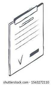 Sketch drawing of clipboard with blank or notes. Thin and rigid board with clip at top for holding paper in place. Office stationery, pad isolated on white background. Vector illustration in minimal