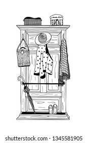 Sketch drawing clothes hanger, hat, bag, jacket, shoes, umbrella, sketch by hand with contour lines. Vector illustration