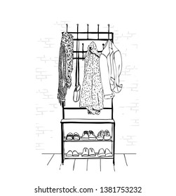Sketch drawing clothes hanger, hat, bag, jacket, shoes,  sketch by hand with contour lines. Vector illustration