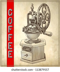 Sketch drawing of coffee grinder on grunge background