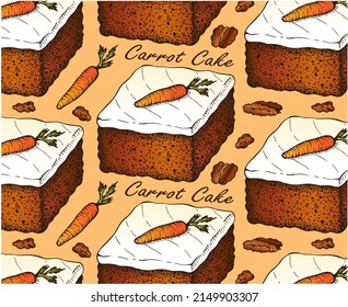 Sketch Drawing Colorful Pattern Of Carrot Cake Isolated On Orange Background. Hand Drawn Baked Sweet Dessert Wallpaper. Whipped Cream, Walnut, Pecan Nuts, Walnut. Line Art Food. Vector Illustration.