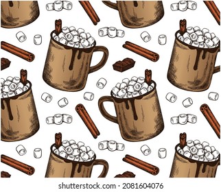 Dibujar un patrón colorido de cacao caliente con malvaviscos y canela aislados en fondo blanco. Papel pintado a mano de chocolate caliente. Menú de Navidad, bebida de invierno. Ilustración del vector