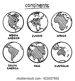 Sketch drawing continents, Planet continent Europe, Planet continent Asia, Planet continent America, Planet continent Australia, Planet continent Africa, Vector illustration