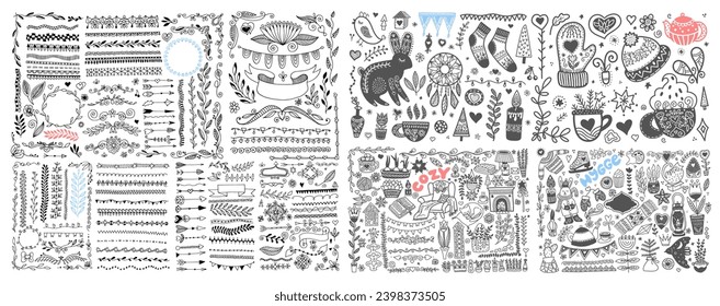 Sketch drawing cozy hygge scandinavian set, divider and frame doodle vector collection