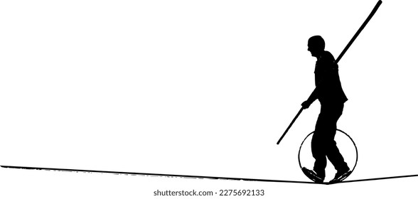 Sketch drawing of crossing the wire, line art vector illustration of performer walks with a balancing pole on long wire above the ground, Tightrope walker vector