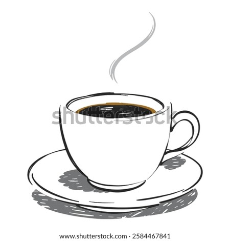 A Sketch Drawing of a Cup of Coffee on a Saucer, Minimalist and Cozy A cozy sketch of a steaming cup of coffee on a saucer, giving off a warm and inviting feel.