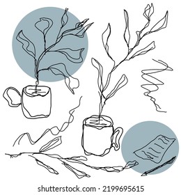 Sketch. Drawing of cups with branches. Sheet of paper with a pen. Poster for printing.