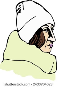 Sketch of a drawing of a dark-haired woman in a white hat and a light green jacket with a backlight underneath