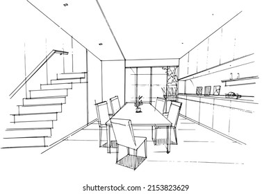 sketch drawing dining area and pantry,Modern design,vector,2d illustration