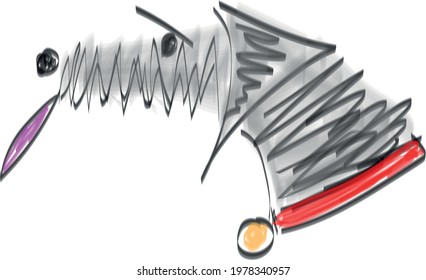Sketch drawing of a dog's head in profile . Gray shaggy fur , pink tongue , floppy ears , red collar and gold dog tag . Abstract comic dog illustration .