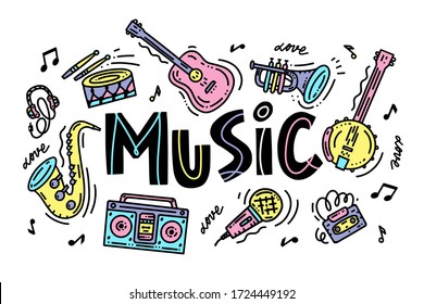 Zeichnen doodle Satz der Musikkultur mit Symbolinstrumenten und Text-Satz Love Music in Vektor.