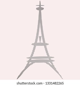 sketch drawing of the Eiffel tower, consisting of small crosses. Vector on pink background
