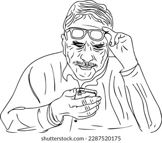 Sketch drawing of An elderly man trying to read small text on his cell phone by lifting his glasses due to near vision problems