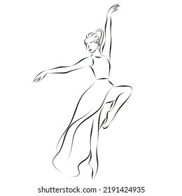 Sketch-Zeichnung eines eleganten Tänzers im Tanz, Ballerina in einem langen Kleid 