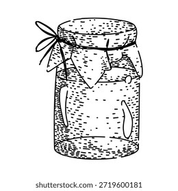 Dibujo de un frasco de vidrio transparente vacío, su tapa cubierta con un pedazo de tela atado con una cinta delicada, sobre un fondo blanco limpio, creando una sensación rústica