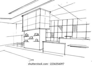 sketch drawing fashion clothing and bag store,Modern design,vector,2d illustration